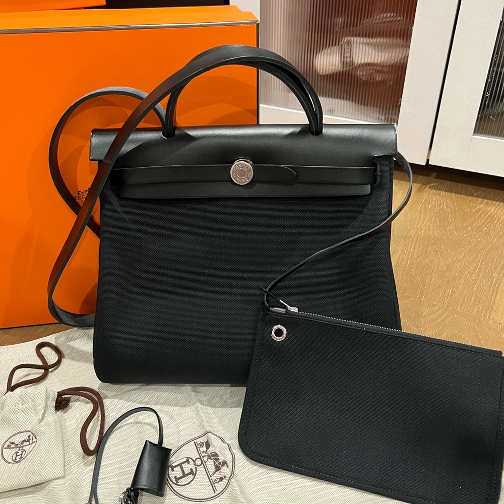 Hermes Herbag Zip Retourne 31 PM Nior Black Hunter Military Toile handbag bag